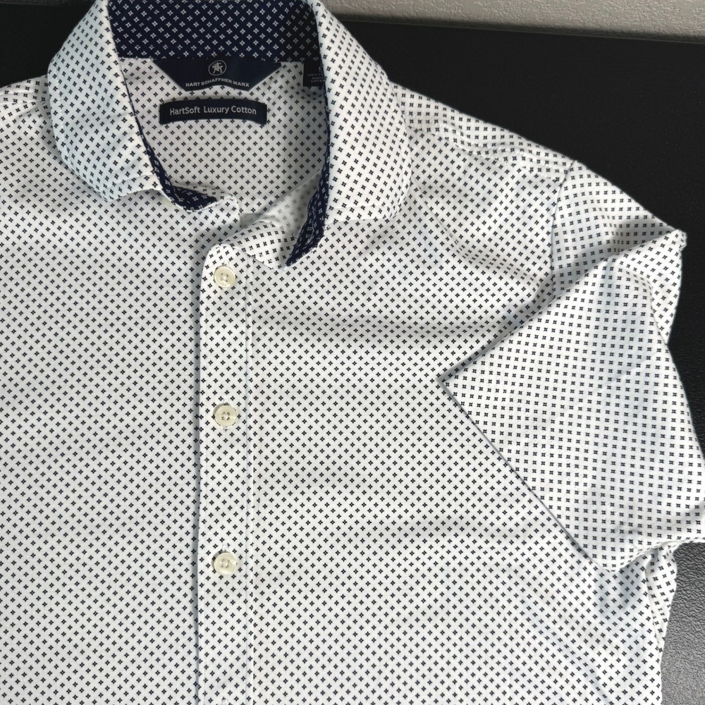 Hart Schaffner Marx HartSoft Luxury Cotton Shirt Mens Small White Blue Geo Print